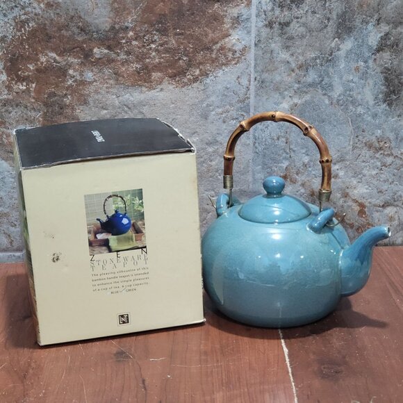 Linens and Things Zen Stoneware Teapot Green Bamboo Handle 6 Cups Capacity - Picture 3 of 16